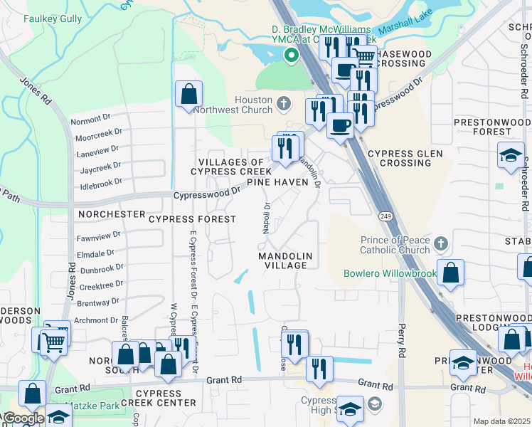 map of restaurants, bars, coffee shops, grocery stores, and more near 13801 Napoli Drive in Houston
