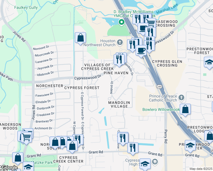 map of restaurants, bars, coffee shops, grocery stores, and more near 13801 Napoli Drive in Houston