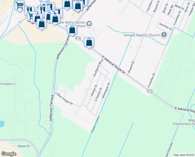 map of restaurants, bars, coffee shops, grocery stores, and more near 1406 Dehart Drive in New Iberia