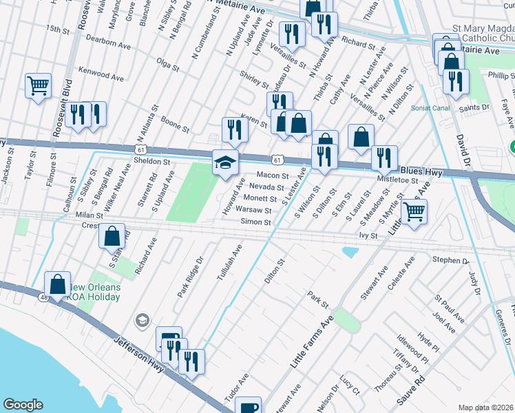 map of restaurants, bars, coffee shops, grocery stores, and more near 7817 Warsaw Street in Metairie