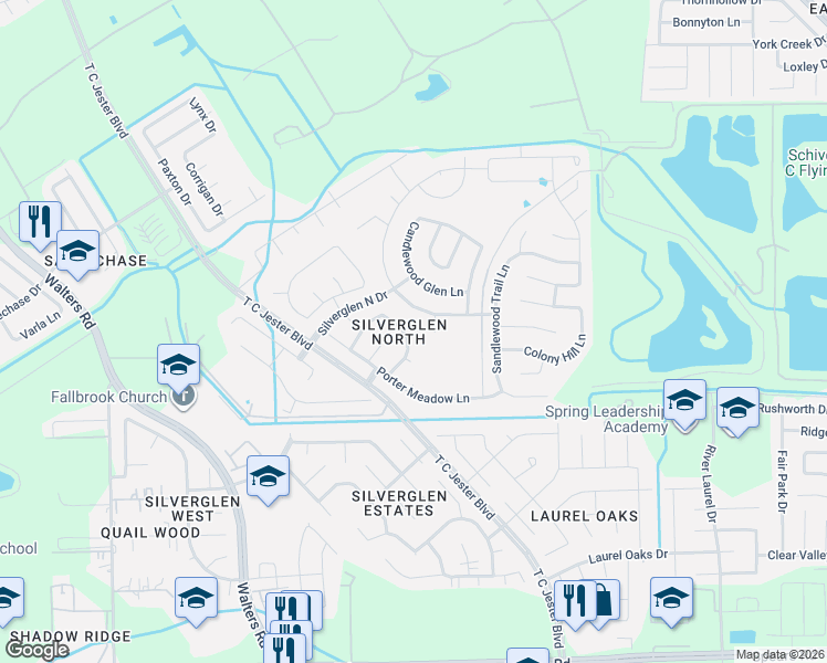 map of restaurants, bars, coffee shops, grocery stores, and more near 2502 Atwood Glen Lane in Houston