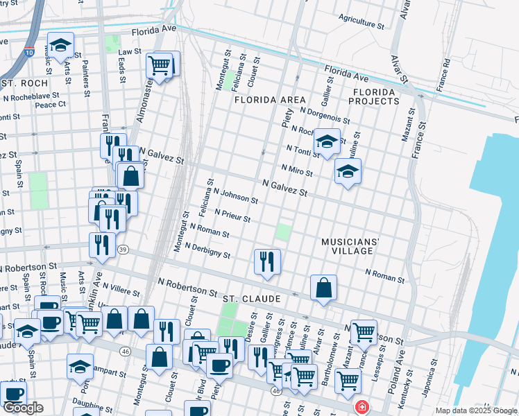 map of restaurants, bars, coffee shops, grocery stores, and more near 1934 Piety Street in New Orleans