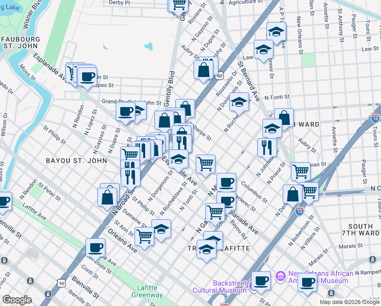 map of restaurants, bars, coffee shops, grocery stores, and more near 2428 Columbus Street in New Orleans