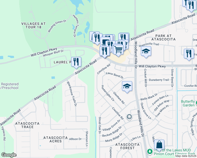 map of restaurants, bars, coffee shops, grocery stores, and more near 17614 Crestline Road in Humble