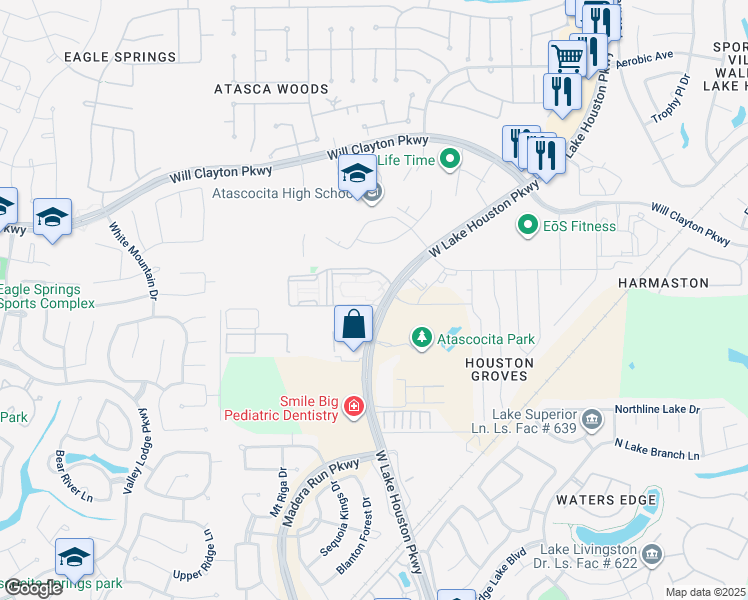 map of restaurants, bars, coffee shops, grocery stores, and more near 17571 West Lake Houston Parkway in Atascocita