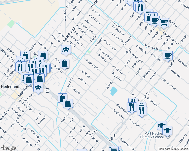 map of restaurants, bars, coffee shops, grocery stores, and more near 812 South 6th Street in Nederland