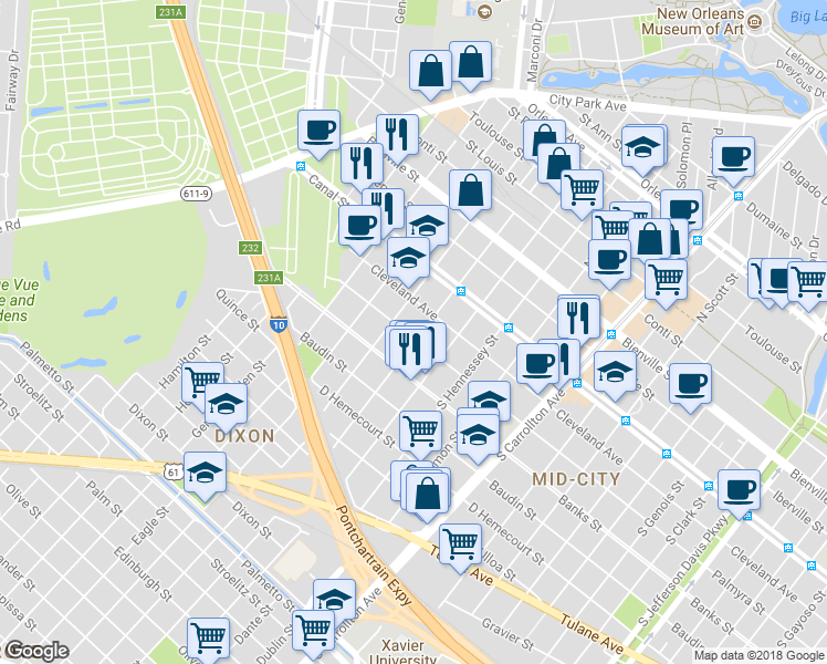 map of restaurants, bars, coffee shops, grocery stores, and more near 225 South Murat Street in New Orleans