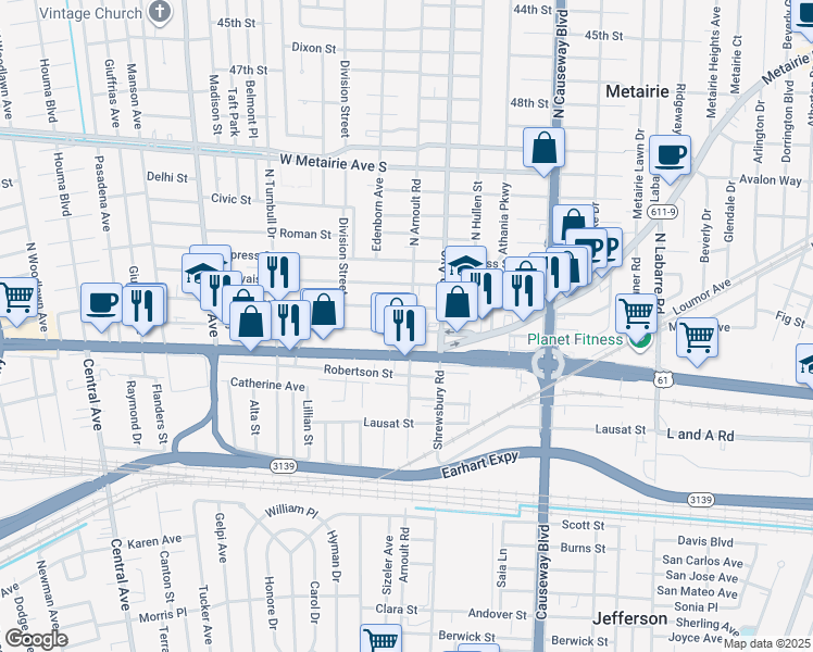map of restaurants, bars, coffee shops, grocery stores, and more near 3605 Johnson Street in Metairie