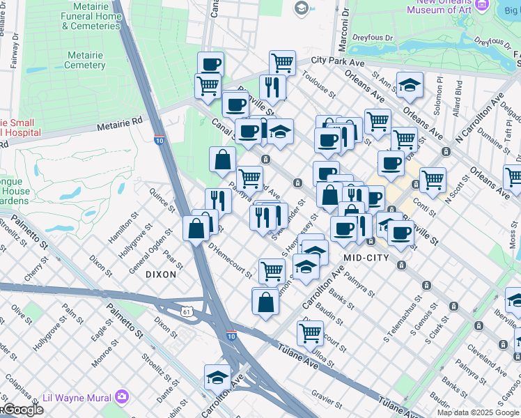 map of restaurants, bars, coffee shops, grocery stores, and more near 225 South Murat Street in New Orleans