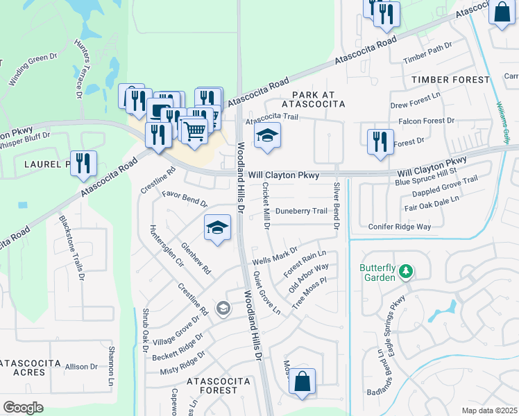map of restaurants, bars, coffee shops, grocery stores, and more near 4035 Duneberry Trail in Humble