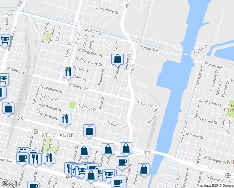 map of restaurants, bars, coffee shops, grocery stores, and more near 2112 Mazant Street in New Orleans