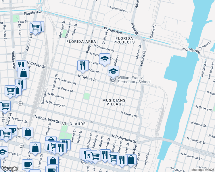 map of restaurants, bars, coffee shops, grocery stores, and more near 2036 Pauline St in New Orleans