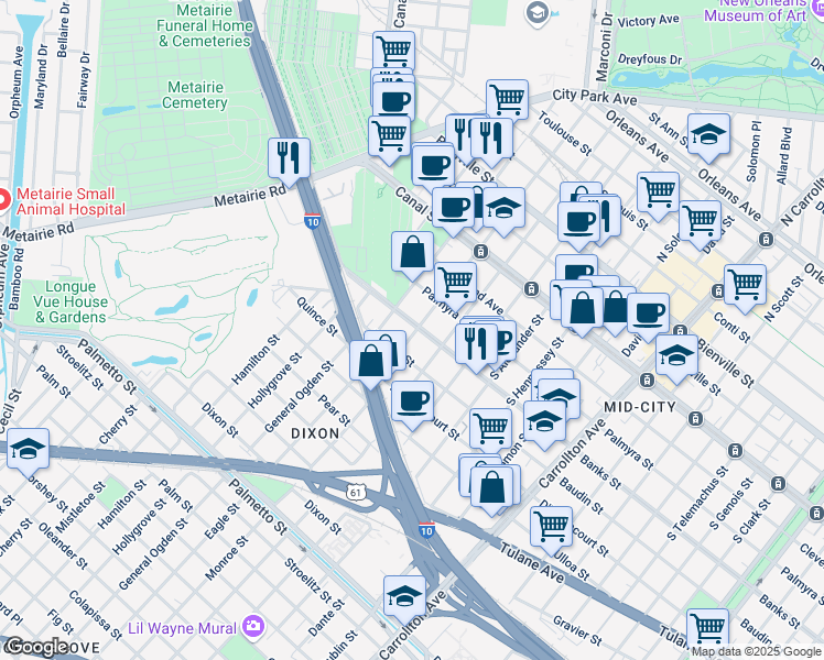 map of restaurants, bars, coffee shops, grocery stores, and more near 4700 Banks Street in New Orleans