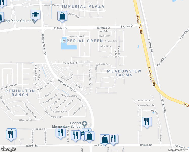 map of restaurants, bars, coffee shops, grocery stores, and more near 19507 Kingston Green Lane in Houston