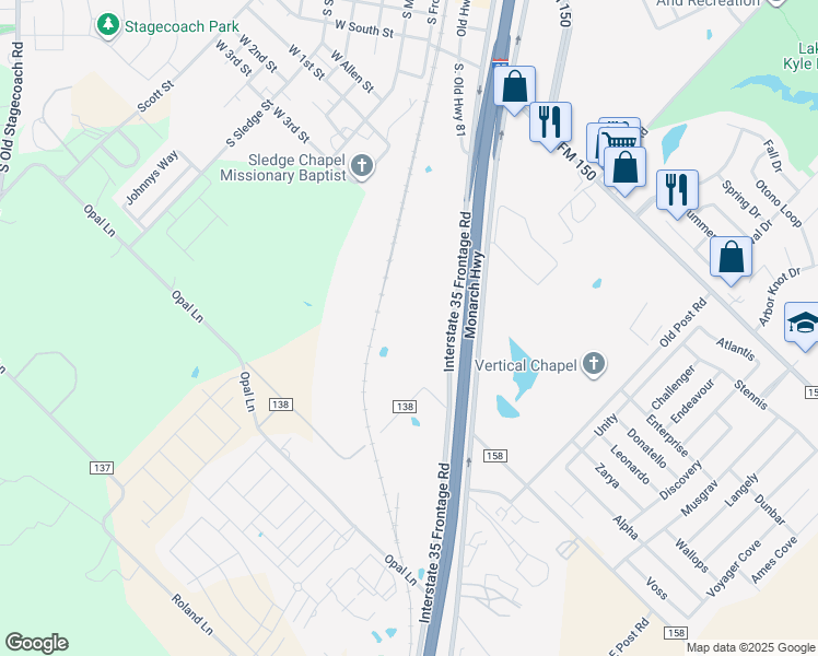 map of restaurants, bars, coffee shops, grocery stores, and more near 23100 Interstate 35 in Kyle