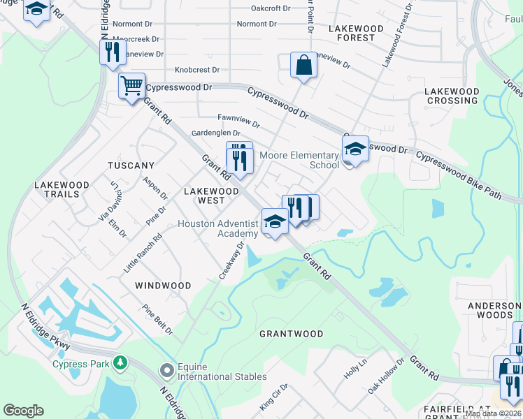 map of restaurants, bars, coffee shops, grocery stores, and more near 11801 Grant Road in Cypress