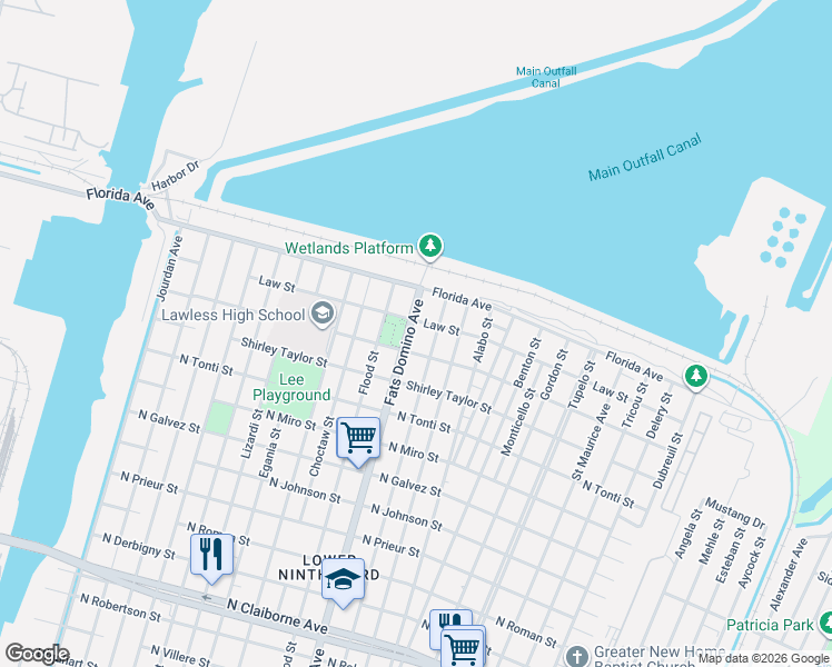 map of restaurants, bars, coffee shops, grocery stores, and more near 2527 Fats Domino Avenue in New Orleans