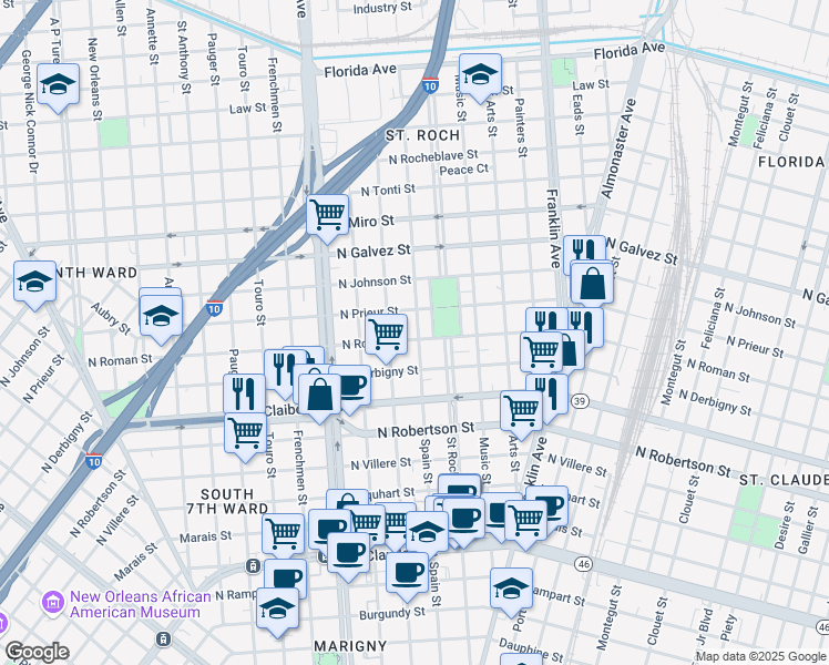 map of restaurants, bars, coffee shops, grocery stores, and more near 1806 Spain Street in New Orleans