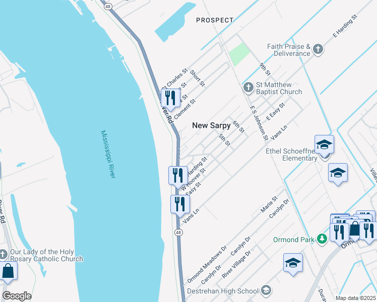 map of restaurants, bars, coffee shops, grocery stores, and more near 306 West Lawson Street in Destrehan