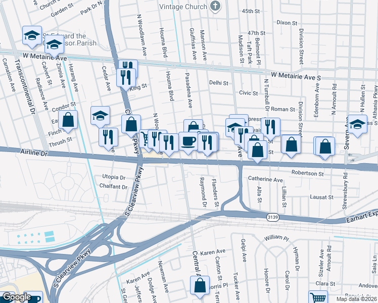 map of restaurants, bars, coffee shops, grocery stores, and more near 112 Colby Street in Metairie