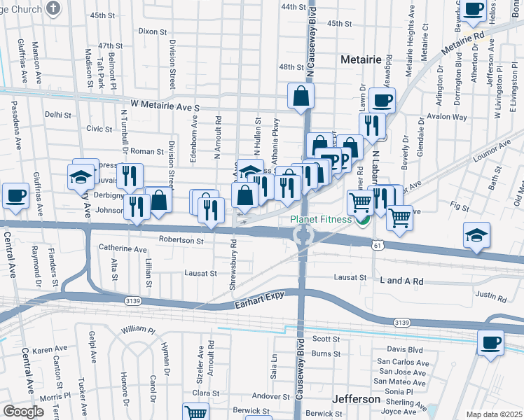 map of restaurants, bars, coffee shops, grocery stores, and more near 3343 Metairie Road in Metairie