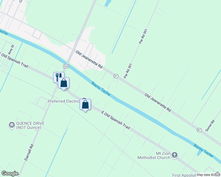 map of restaurants, bars, coffee shops, grocery stores, and more near 301 Bouton Road in New Iberia