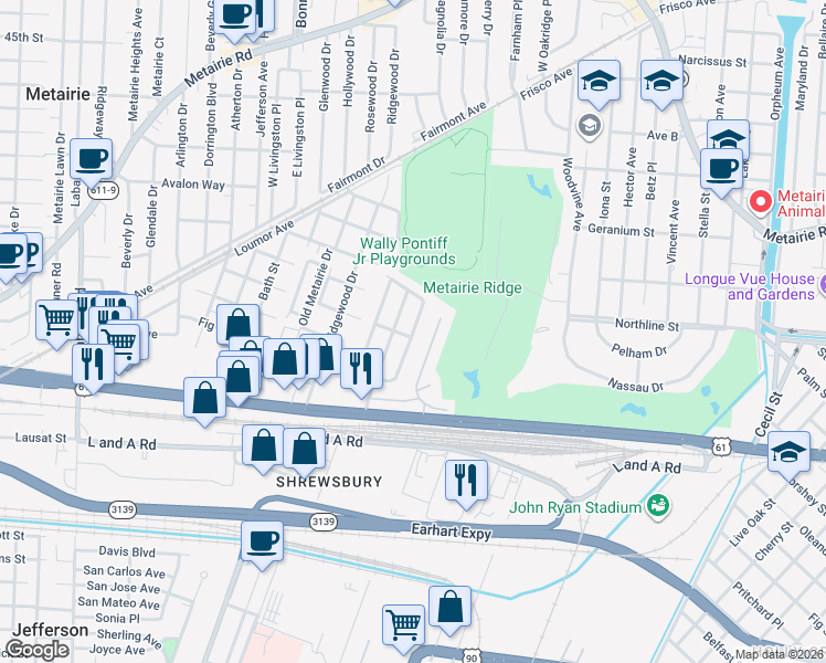 map of restaurants, bars, coffee shops, grocery stores, and more near 317 East Maple Ridge Drive in Metairie