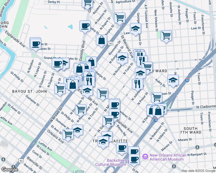 map of restaurants, bars, coffee shops, grocery stores, and more near 2323 Columbus Street in New Orleans