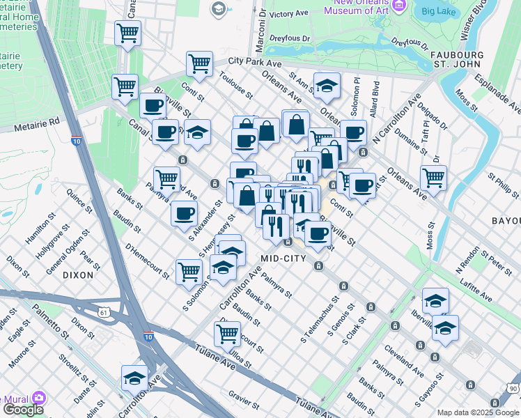 map of restaurants, bars, coffee shops, grocery stores, and more near 4201 Canal Street in New Orleans