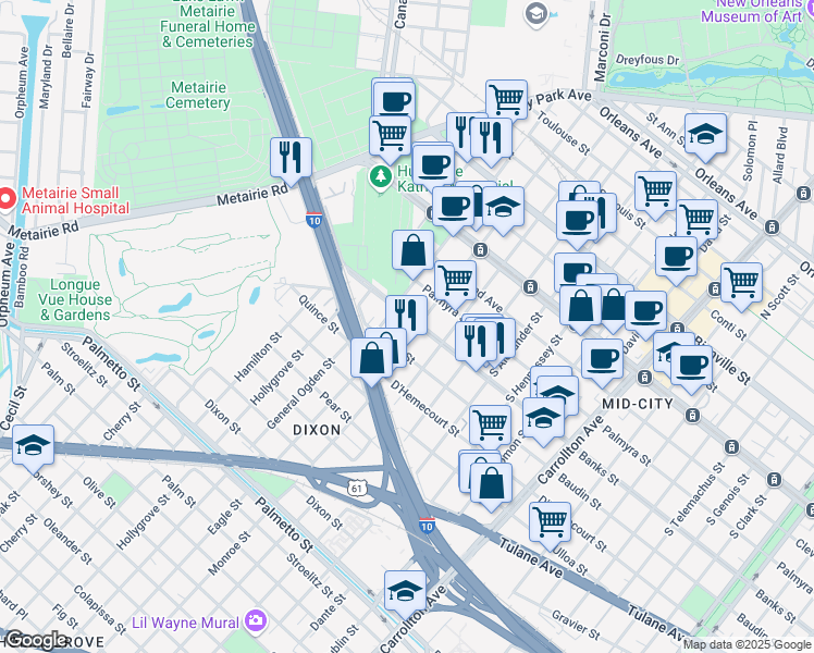 map of restaurants, bars, coffee shops, grocery stores, and more near 4700 Banks Street in New Orleans