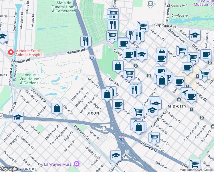 map of restaurants, bars, coffee shops, grocery stores, and more near 4807 Baudin Street in New Orleans