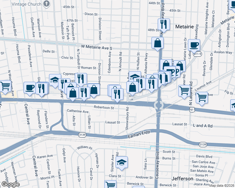 map of restaurants, bars, coffee shops, grocery stores, and more near 3605 Johnson Street in Metairie