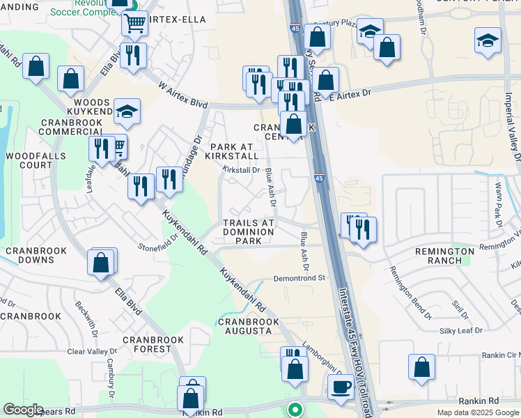 map of restaurants, bars, coffee shops, grocery stores, and more near 211 Blue Ash Drive in Houston