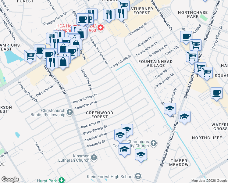 map of restaurants, bars, coffee shops, grocery stores, and more near 5322 Foresthaven Drive in Houston
