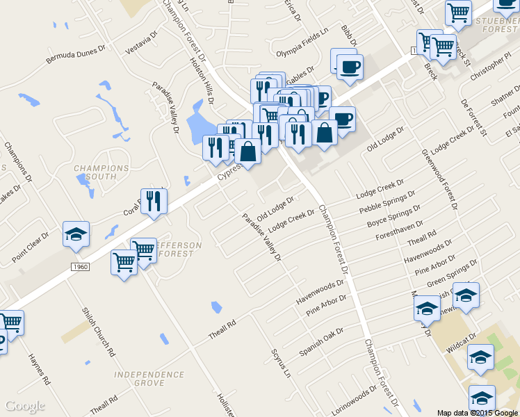 map of restaurants, bars, coffee shops, grocery stores, and more near 5818 Old Lodge Drive in Houston