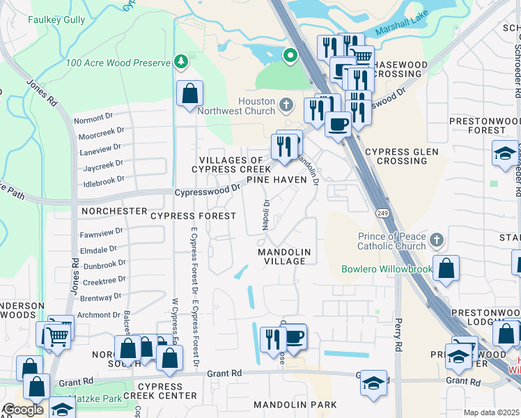 map of restaurants, bars, coffee shops, grocery stores, and more near 13801 Napoli Drive in Houston