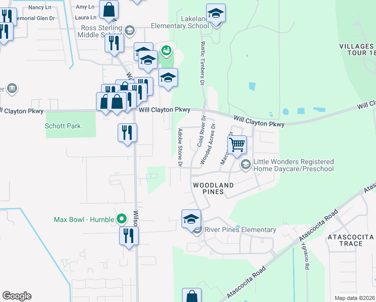 map of restaurants, bars, coffee shops, grocery stores, and more near 9338 Cold River Court in Humble