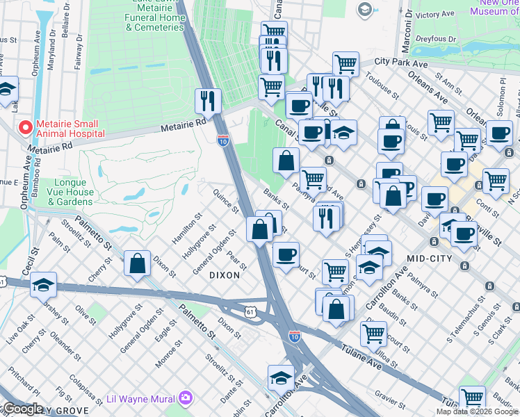 map of restaurants, bars, coffee shops, grocery stores, and more near 4807 Baudin Street in New Orleans
