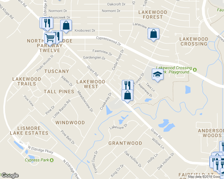 map of restaurants, bars, coffee shops, grocery stores, and more near 11804 Grant Road in Cypress