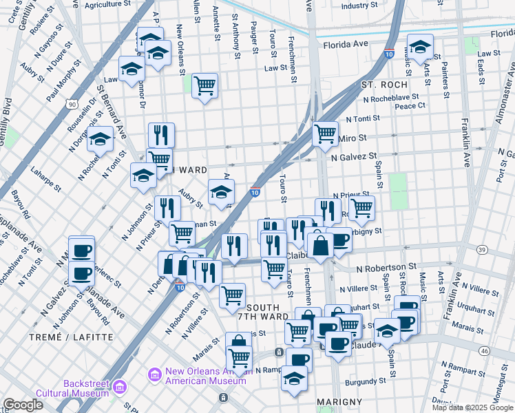 map of restaurants, bars, coffee shops, grocery stores, and more near 1962 North Prieur Street in New Orleans