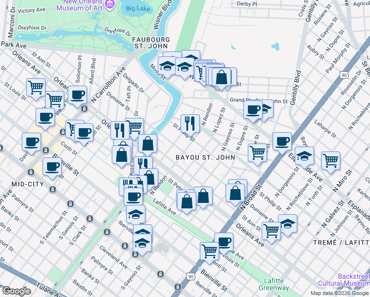 map of restaurants, bars, coffee shops, grocery stores, and more near 3201 Dumaine Street in New Orleans