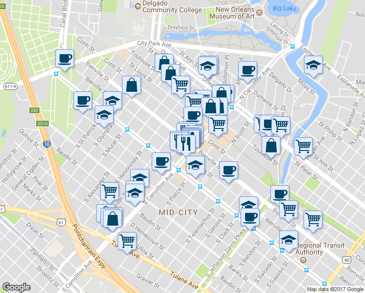 map of restaurants, bars, coffee shops, grocery stores, and more near 4135 Iberville Street in New Orleans