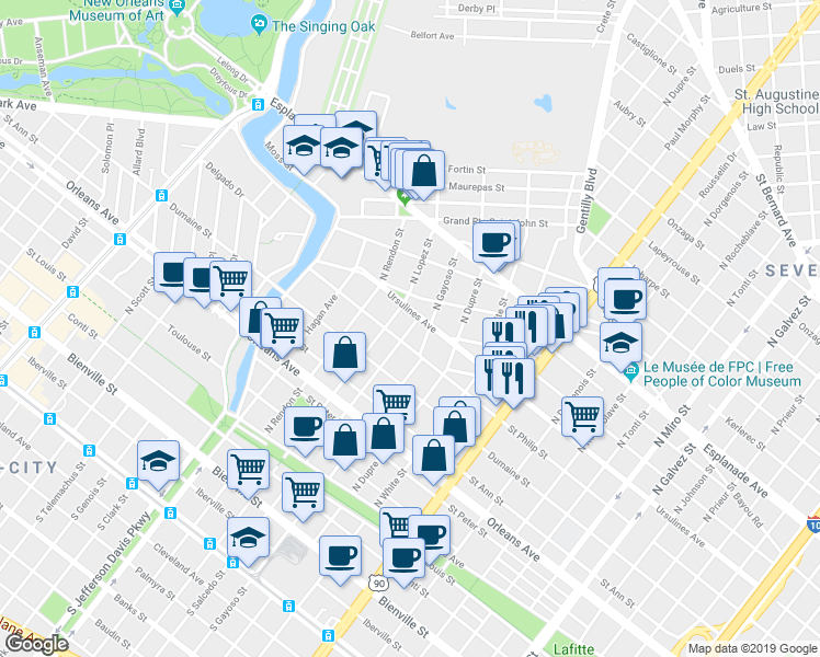 map of restaurants, bars, coffee shops, grocery stores, and more near 1018 North Salcedo Street in New Orleans