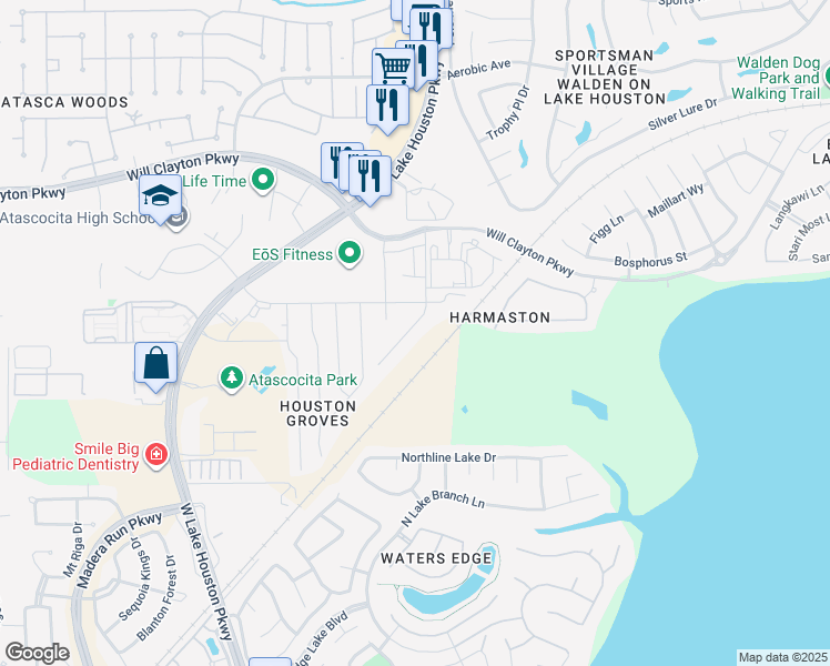 map of restaurants, bars, coffee shops, grocery stores, and more near 17626 Holroyd Road in Atascocita