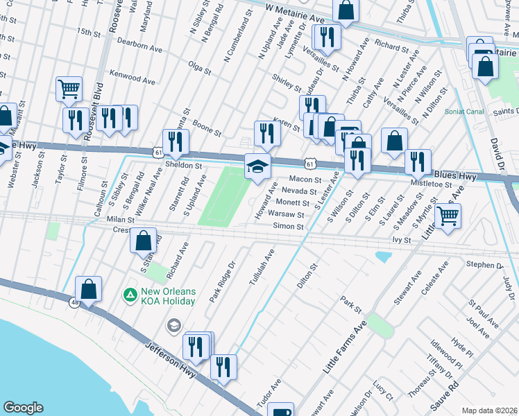 map of restaurants, bars, coffee shops, grocery stores, and more near 909 North Sibley Street in Metairie