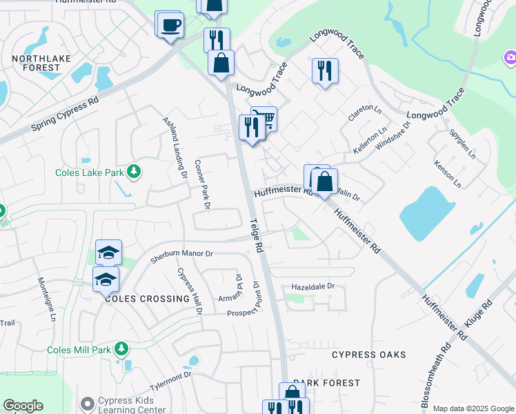 map of restaurants, bars, coffee shops, grocery stores, and more near 13743 Crested Iris Drive in Cypress