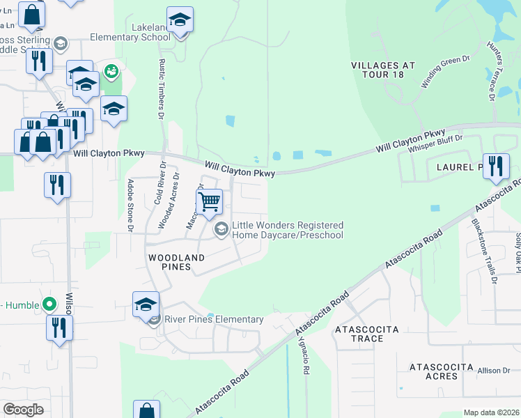 map of restaurants, bars, coffee shops, grocery stores, and more near 9739 Fleming Springs Drive in Humble
