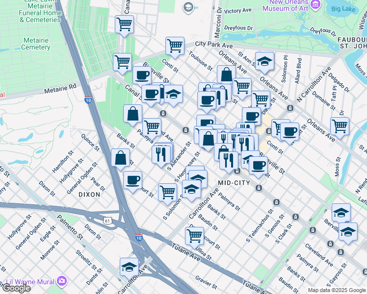 map of restaurants, bars, coffee shops, grocery stores, and more near 141 South Alexander Street in New Orleans