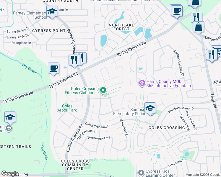 map of restaurants, bars, coffee shops, grocery stores, and more near 16407 Burham Park Drive in Cypress