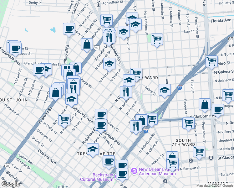 map of restaurants, bars, coffee shops, grocery stores, and more near 2117 Lapeyrouse Street in New Orleans